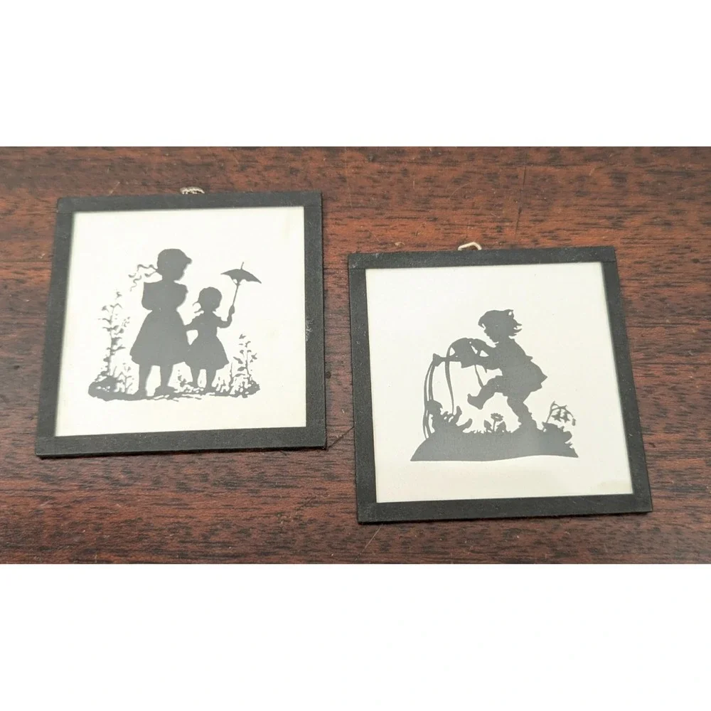 Vintage Czech Republic Silhouette Miniature Wall Art Pair Children Folk Art 3in